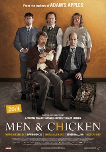 men and chicken poster