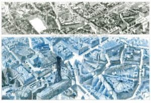 Luc Schuiten, Bruxelles en 2000 et 2100, crayon bleu, 157 x 104 cm, Musée Royal de Mariemont © http://www.vegetalcity.net/bruxelles/