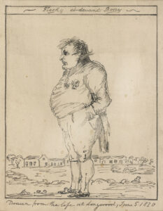 Caricature de Napoléon Ier dessinée d'après nature à Sainte-Hélène daté du 5 juin 1820. L'Empereur exilé est représenté de manière peu flatteuse © Collection Bruno Ledoux