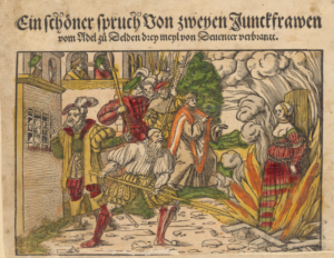 Jacob Fröhlich, Ein schöner spruch Von zweyen Junckfrawen vom Adel zů Delden drey meyl von Deuenter verbrantt, 1545, gravure sur bois, impression couleur, Zurich Central Library, Prints and Drawings Department and Photo Archive