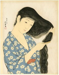Hashiguchi Goyō, Femme peignant ses cheveux, mars 1920. Graveur : Koike Masazō, Imprimeur : Somekawa Kanzō © Collection particulière, Pays-Bas.